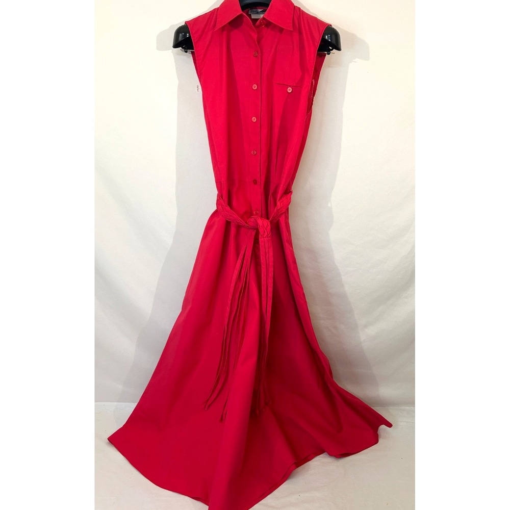 Sunshine Starshine Red Solid Belt Long Dress Sleeveless Point Collar Retro Sz 10
